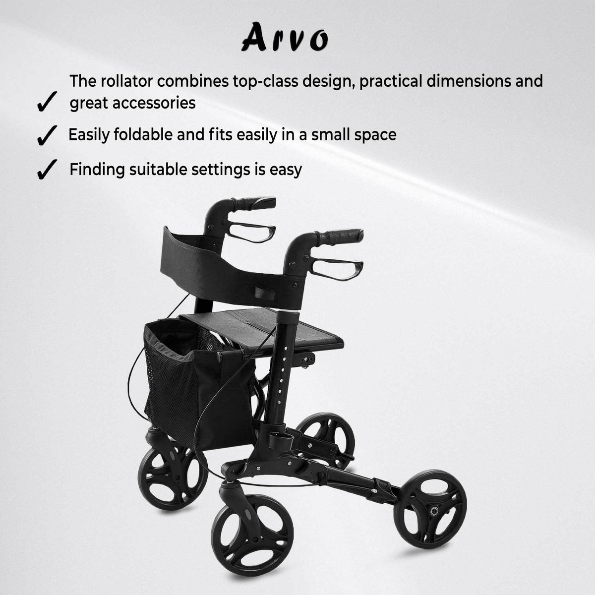 Rollator Arvo, Deluxe, Schwarz