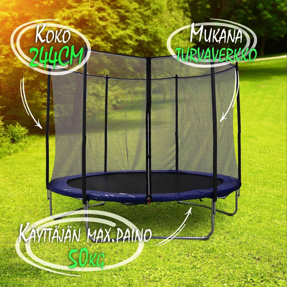 React trampoliini 2,44m turvaverkolla