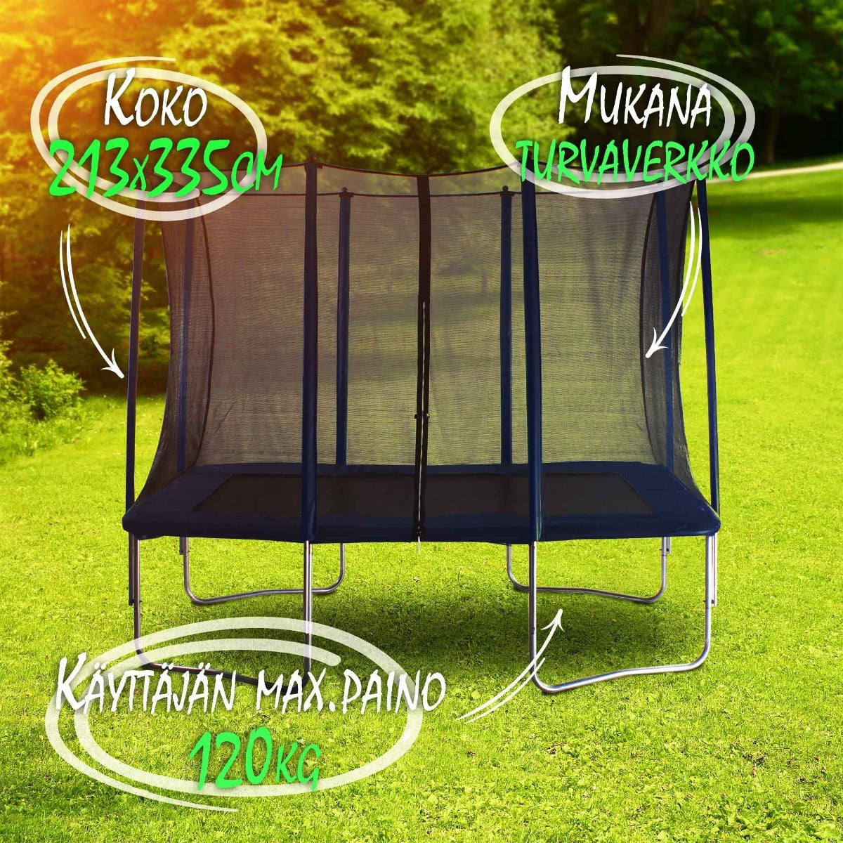 React trampoliini suorakaide turvaverkolla 213X335cm