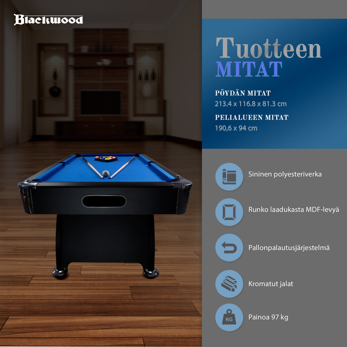 
              Blackwood Biljardipöytä, 7&#39; Official Black