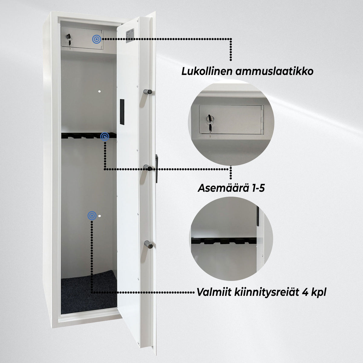 
              Trekker Asekaappi 5-asetta, valkoinen, sormenjälkilukolla