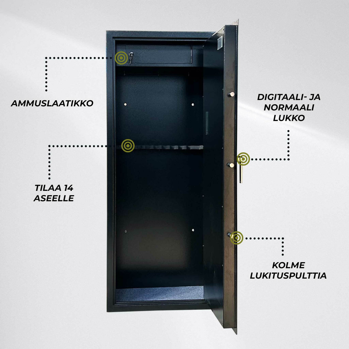 
              Trekker Asekaappi 14-Asetta AS1400, Musta, Digitaalilukolla