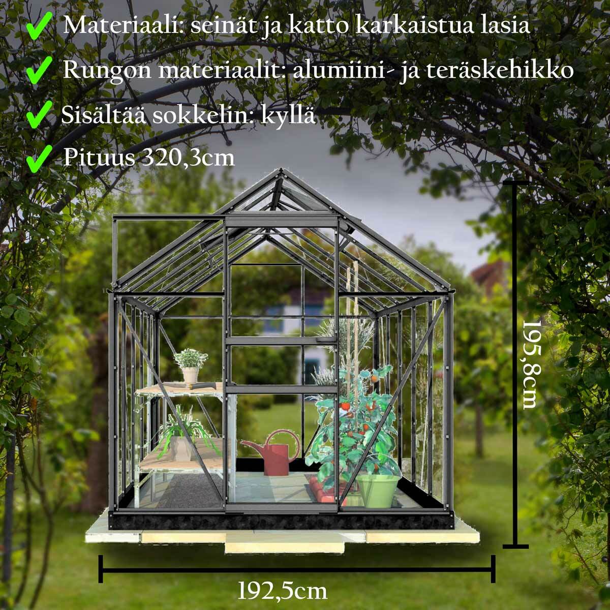 
              Lykke Kasvihuone Glass 6,2m2, musta