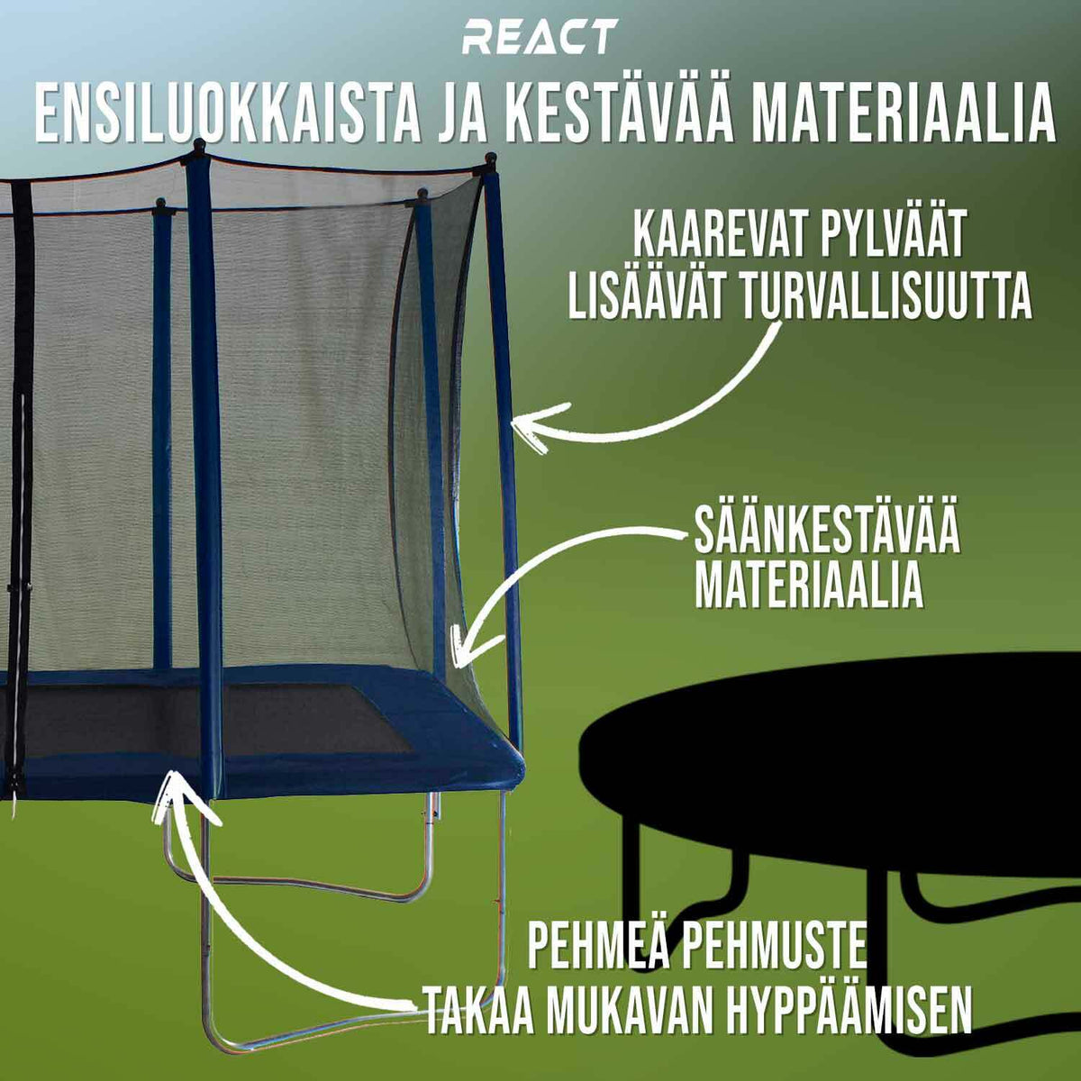 
              React trampoliini suorakaide turvaverkolla 163X216cm
