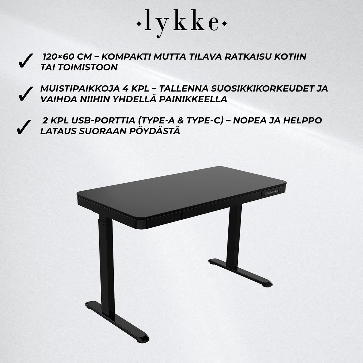 
              Lykke Sähköpöytä 120x60cm Polar, musta