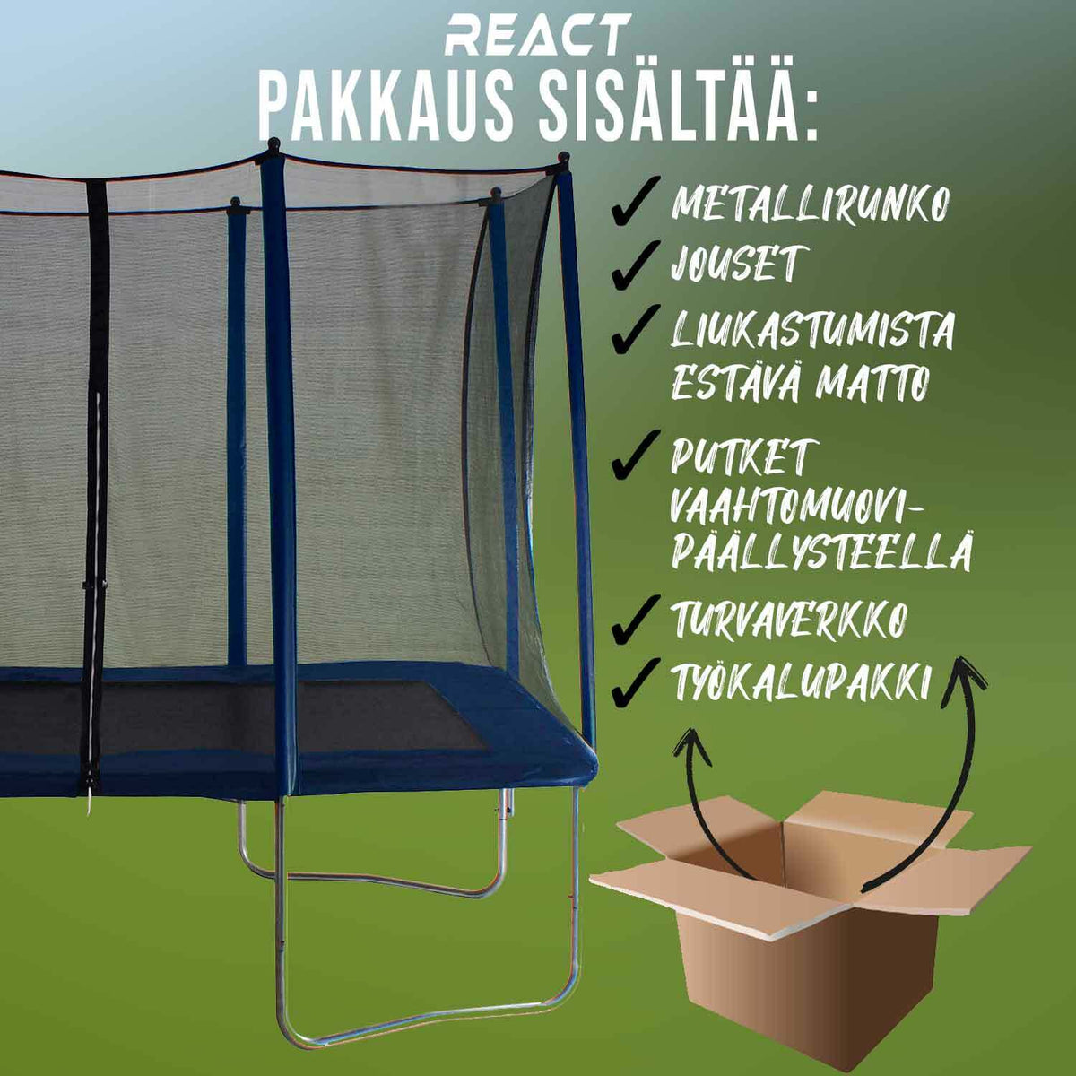 
              React trampoliini suorakaide turvaverkolla 163X216cm