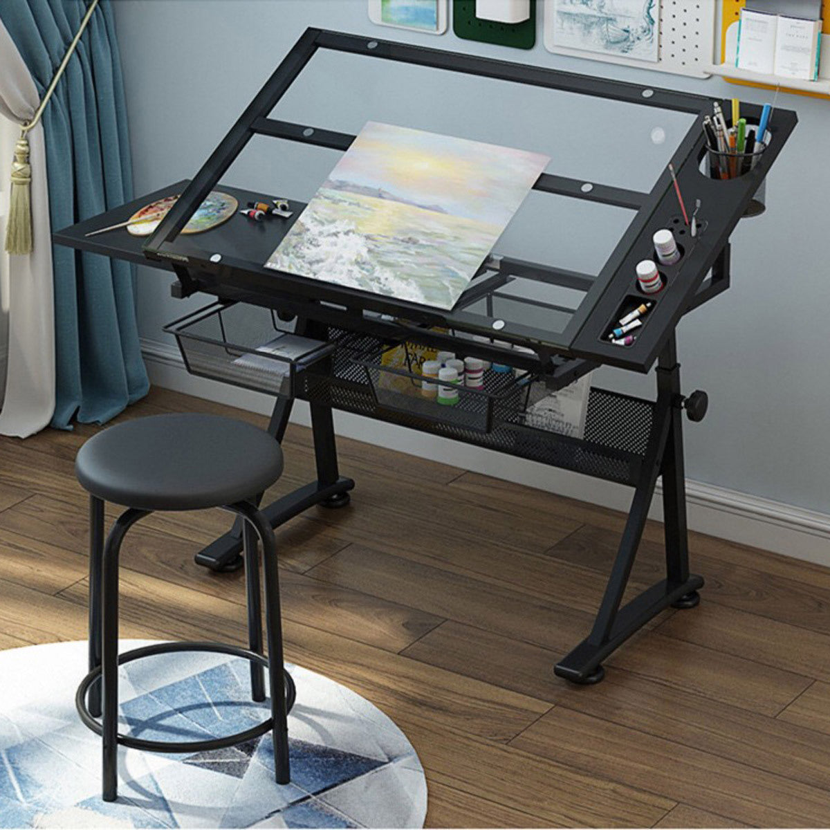 Lykke Drawing table with glass top and stool