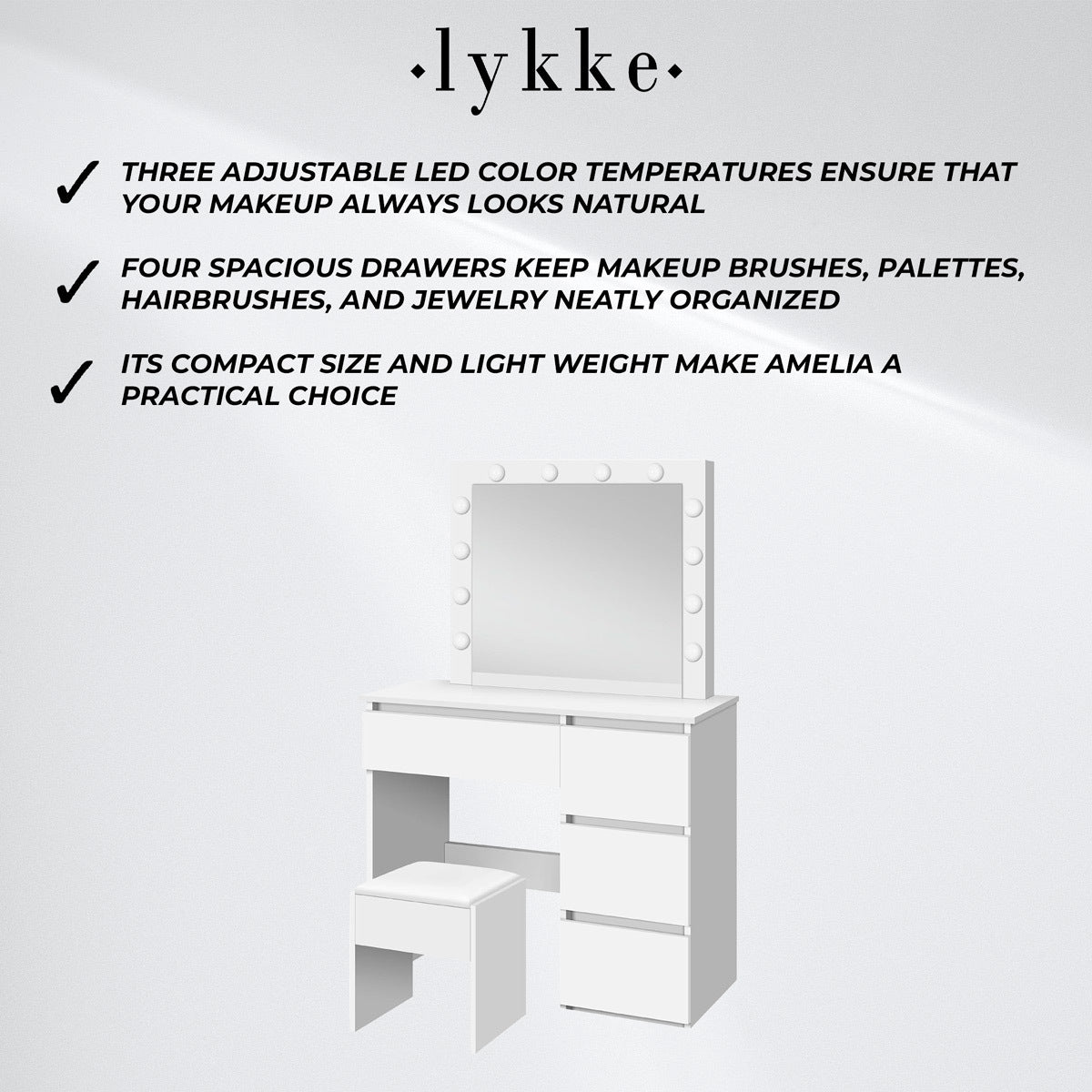 Table de Maquillage Lykke avec Lumière Amelia 94cm, blanc