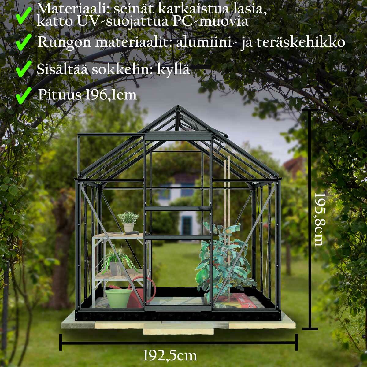 
              Lykke Kasvihuone Hybrid 3,8m2, musta