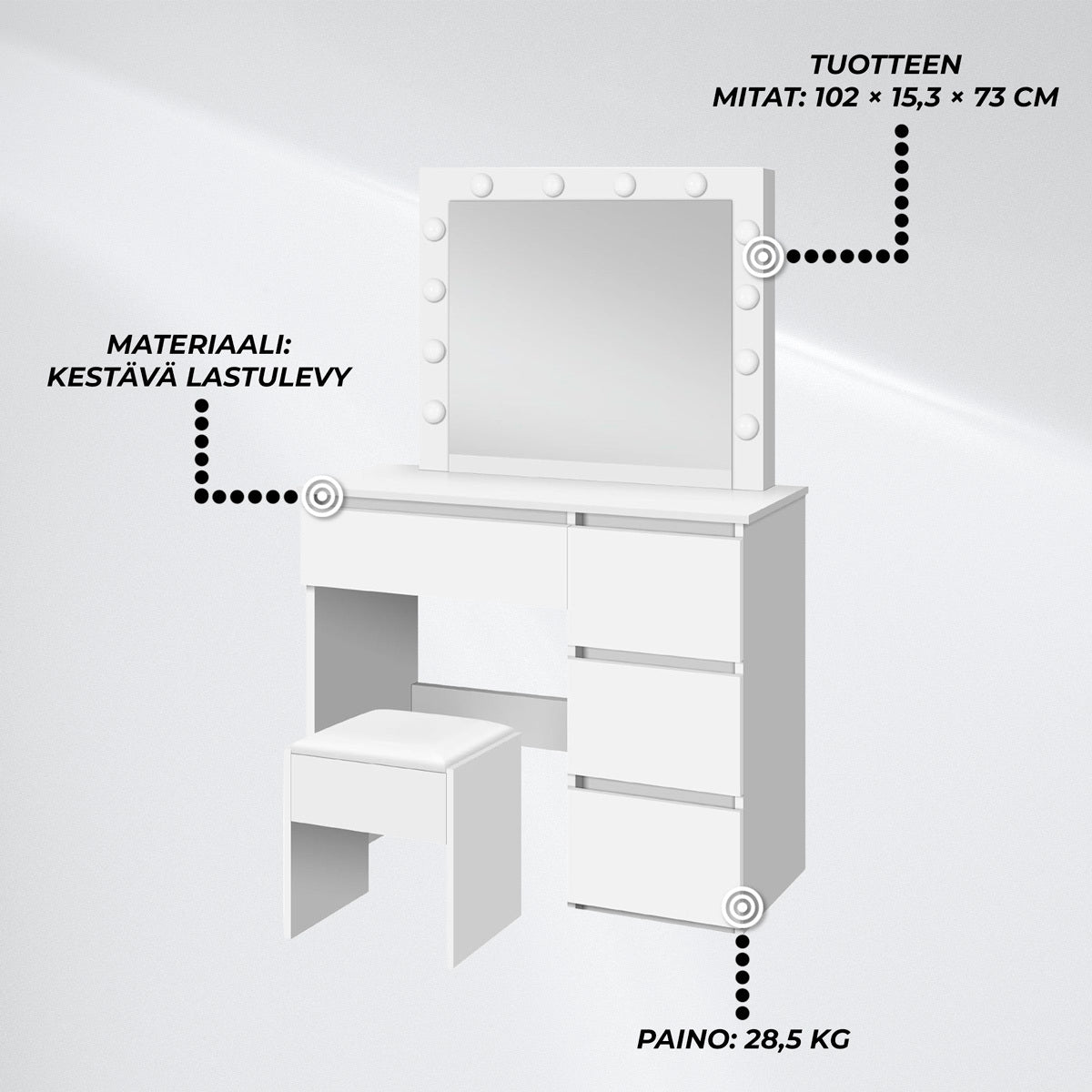 
              Lykke Meikkipöytä valolla Amelia 94cm, valkoinen