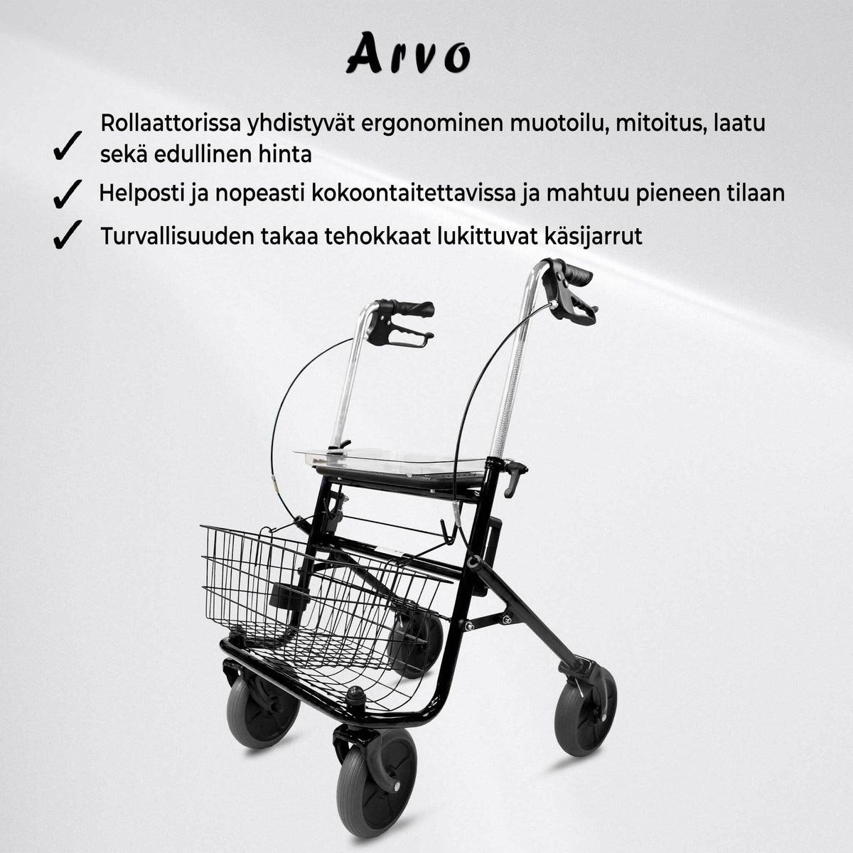 
              Arvo Rollaattori Sisä- ja Ulkokäyttöön, Musta