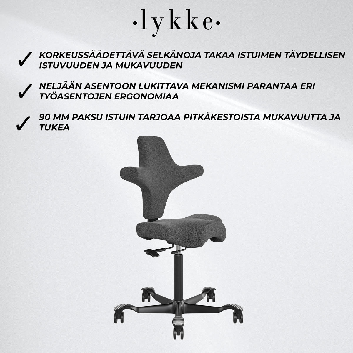 
              Lykke Ergonominen Työtuoli Comfort, Tummanharmaa