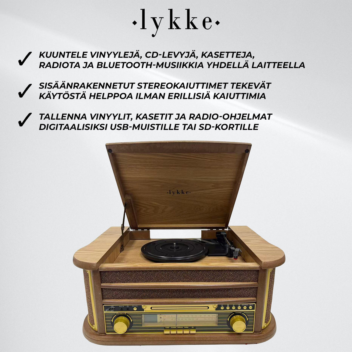 
              Lykke Vinyylisoitin Retro AM/FM Bluetooth