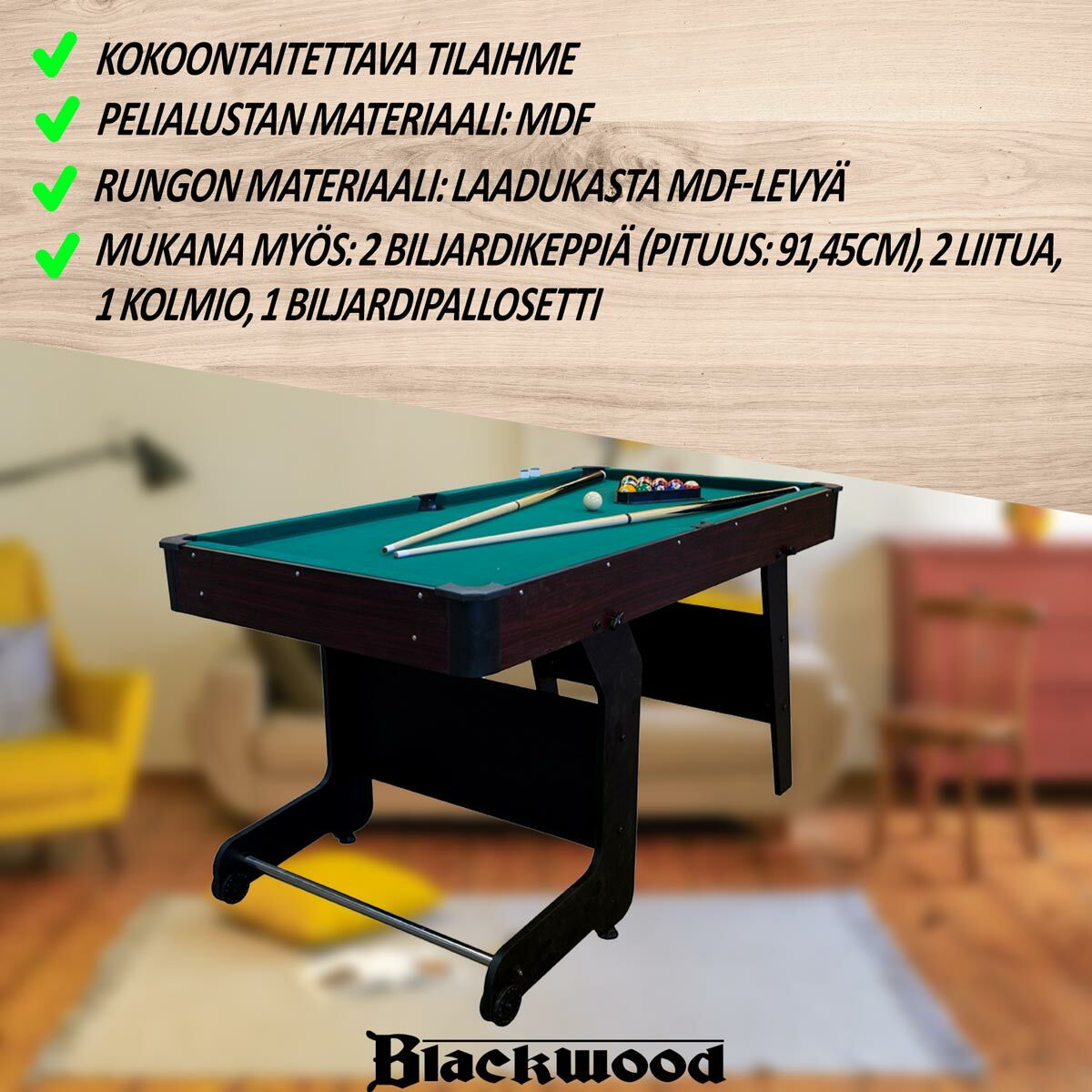 
              Biljardipöytä Blackwood Junior 5’, kokoontaitettava