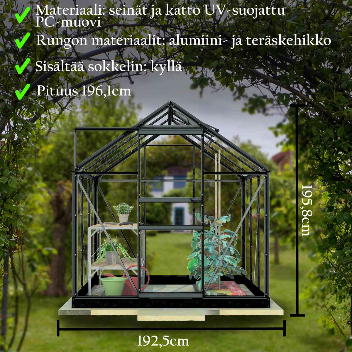 
              Lykke Kasvihuone PC 3,8m2, musta