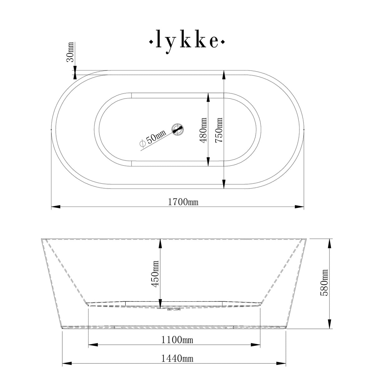 
              Lykke Kylpyamme Polar Deluxe 1700x750x580mm, valkoinen