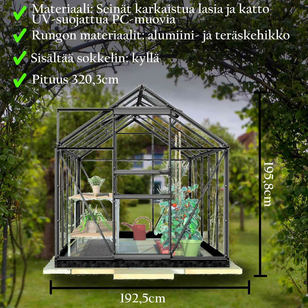 
              Lykke Kasvihuone Hybrid 6,2m2, musta