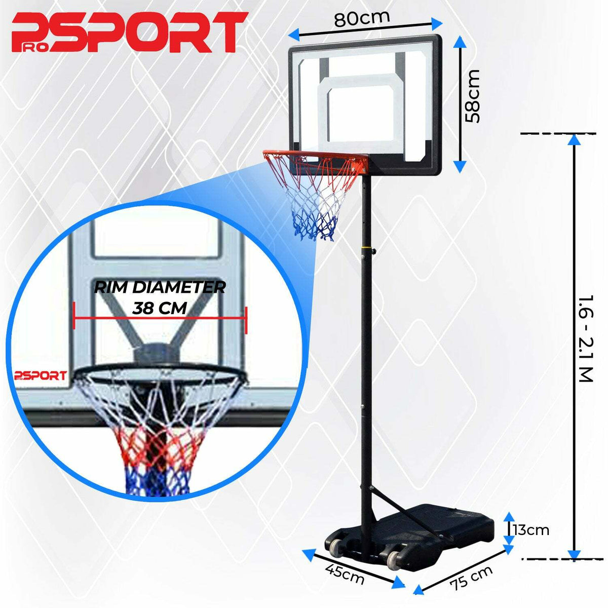 
              Prosport Basketball Hoop Kids 1,6-2,1m