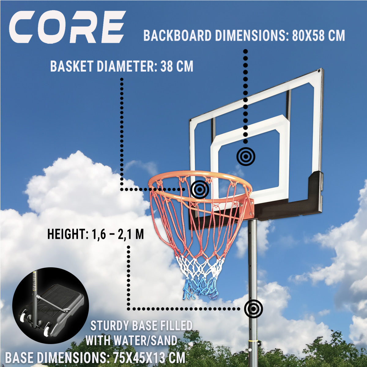 Core Panier de basket pour enfants 1,6-2,1m