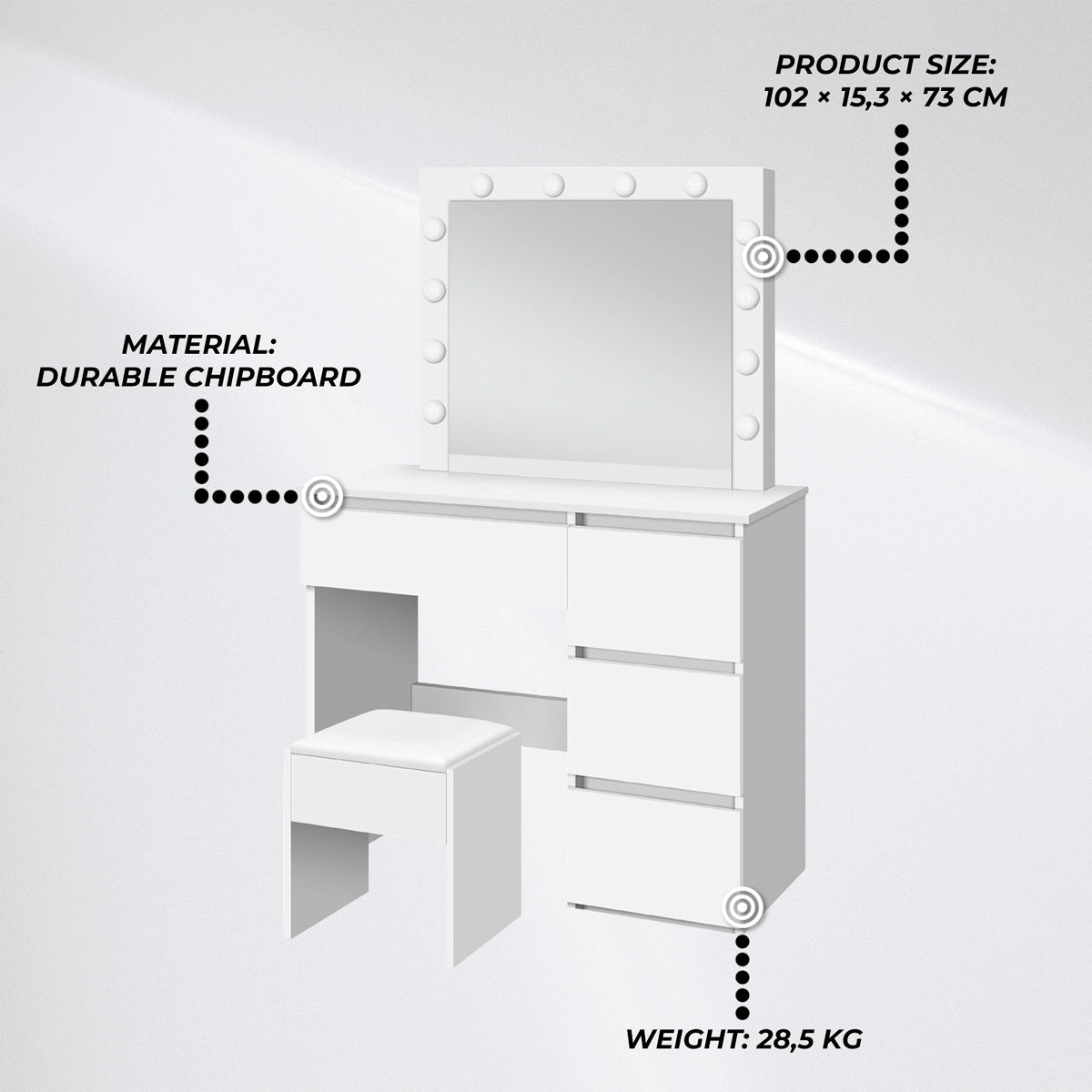 
              Table de Maquillage Lykke avec Lumière Amelia 94cm, blanc