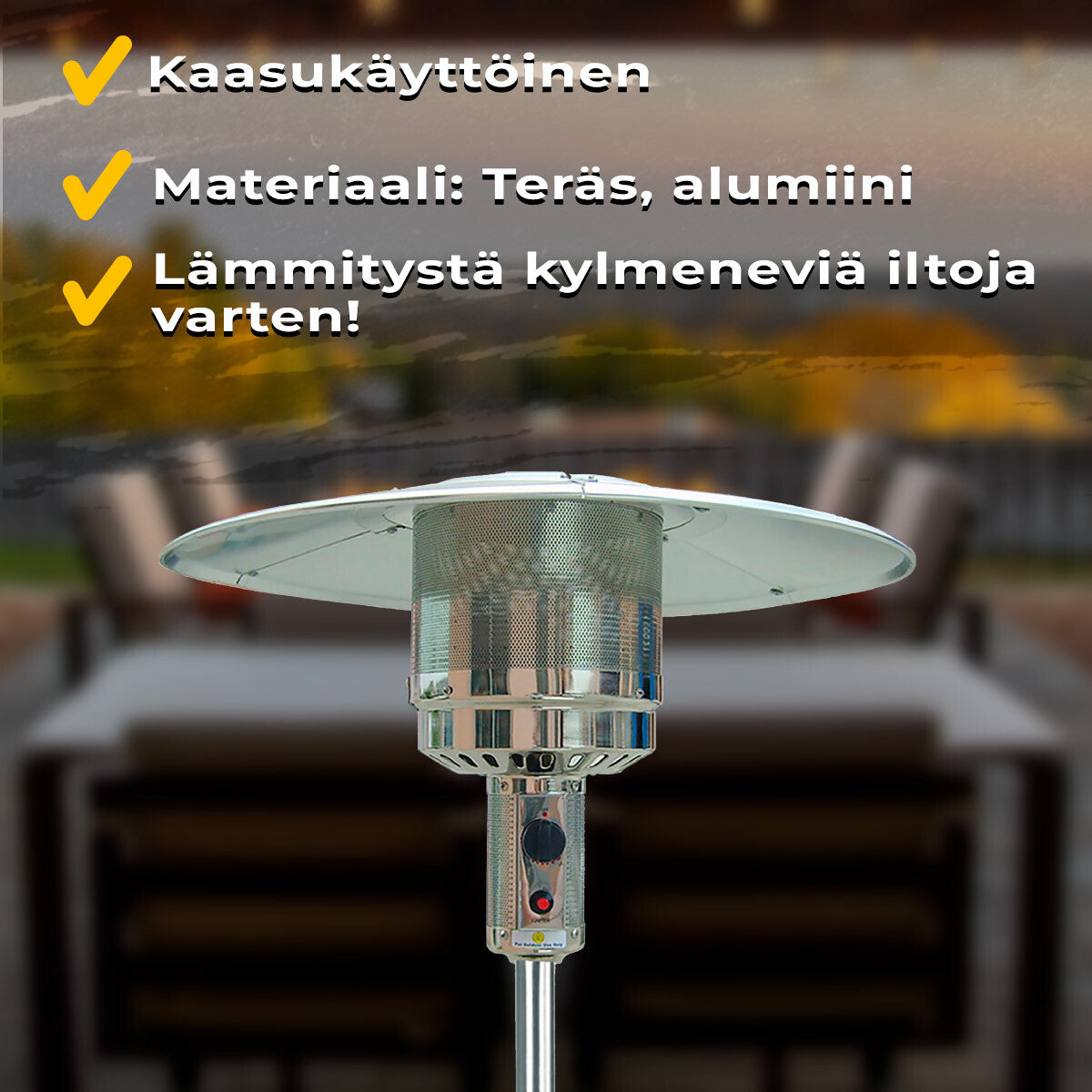 
              Fornorth Terassilämmitin Cylinder, 13kW kaasukäyttöinen, rosteri