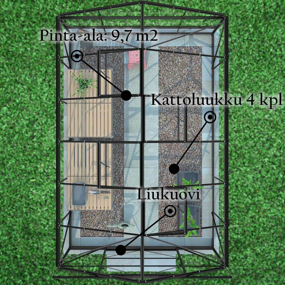 
              Lykke Kasvihuone Hybrid 9,7m2, musta