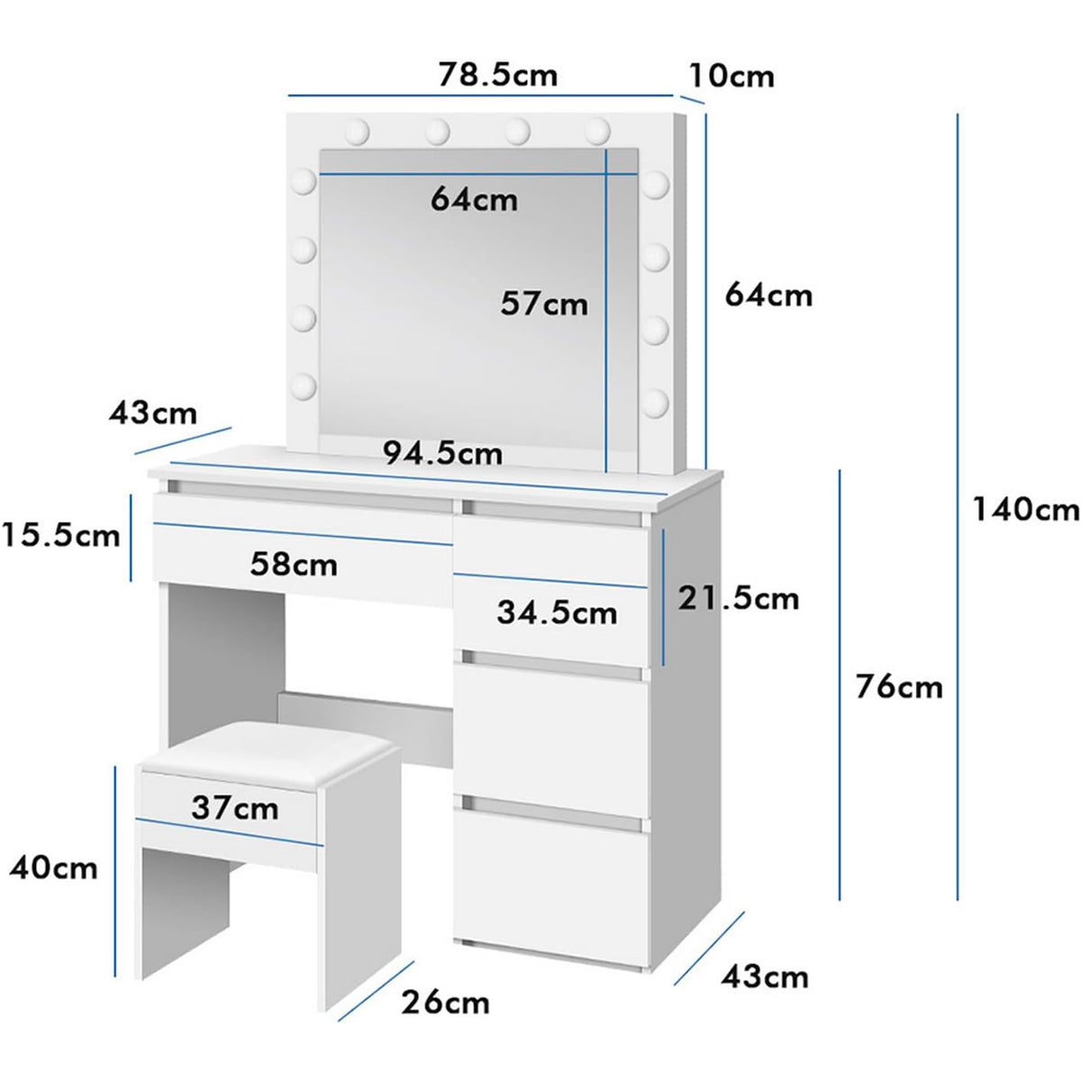 
              Lykke Tocador de Maquillaje con Luz Amelia 94cm, blanco
