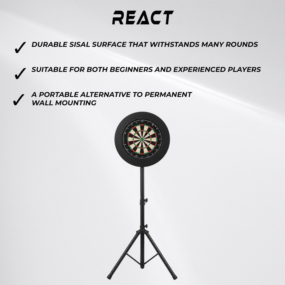 
              React Dartskive + Beskyttelsesring + Stativ