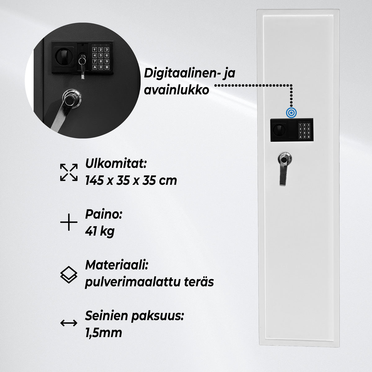 
              Trekker Asekaappi 5 aseelle AS500D digitaalilukolla, valkoinen