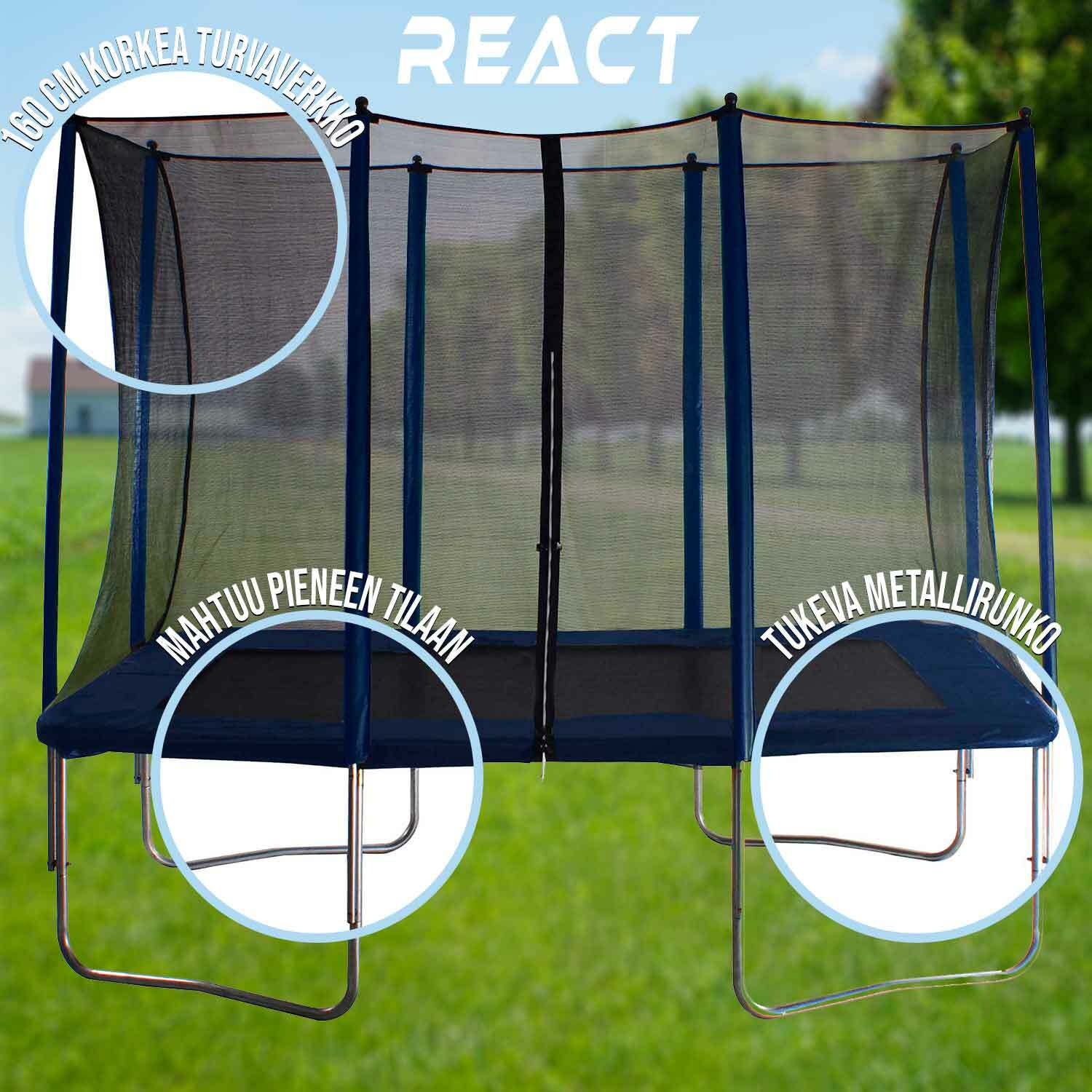 React trampoliini suorakaide turvaverkolla 163X216cm